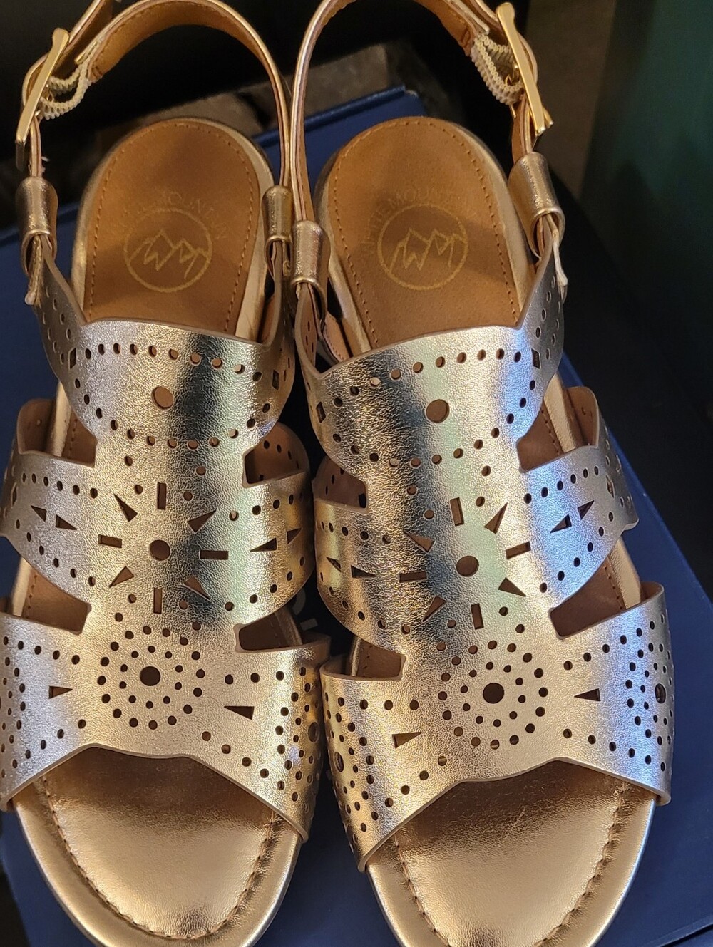 Metallic Laser-Cut Gold Leather Like Sandals By White Mountain, Size 7